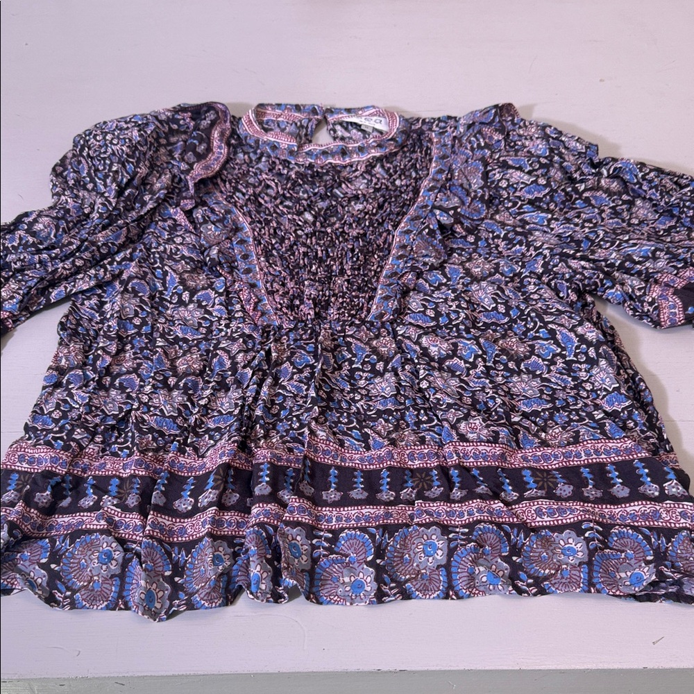 Sea New York Amaki Printed Smocked Puff Sleeve Top Medium Boho Ruffle - Picture 5 of 14